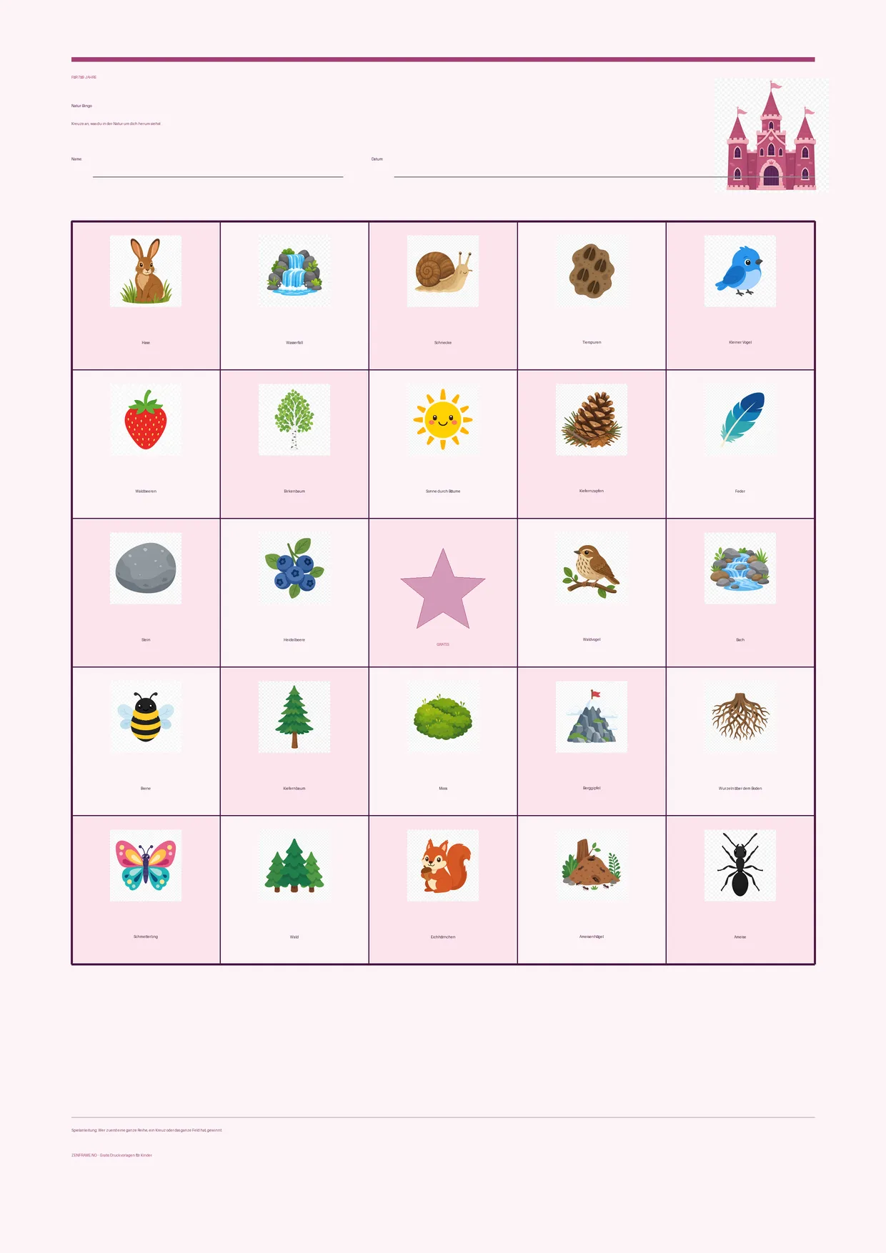Natur-Bingo für Kinder 7–9 Jahre – Prinzessin-Design – kostenlose A4-Vorlage zum Ausdrucken