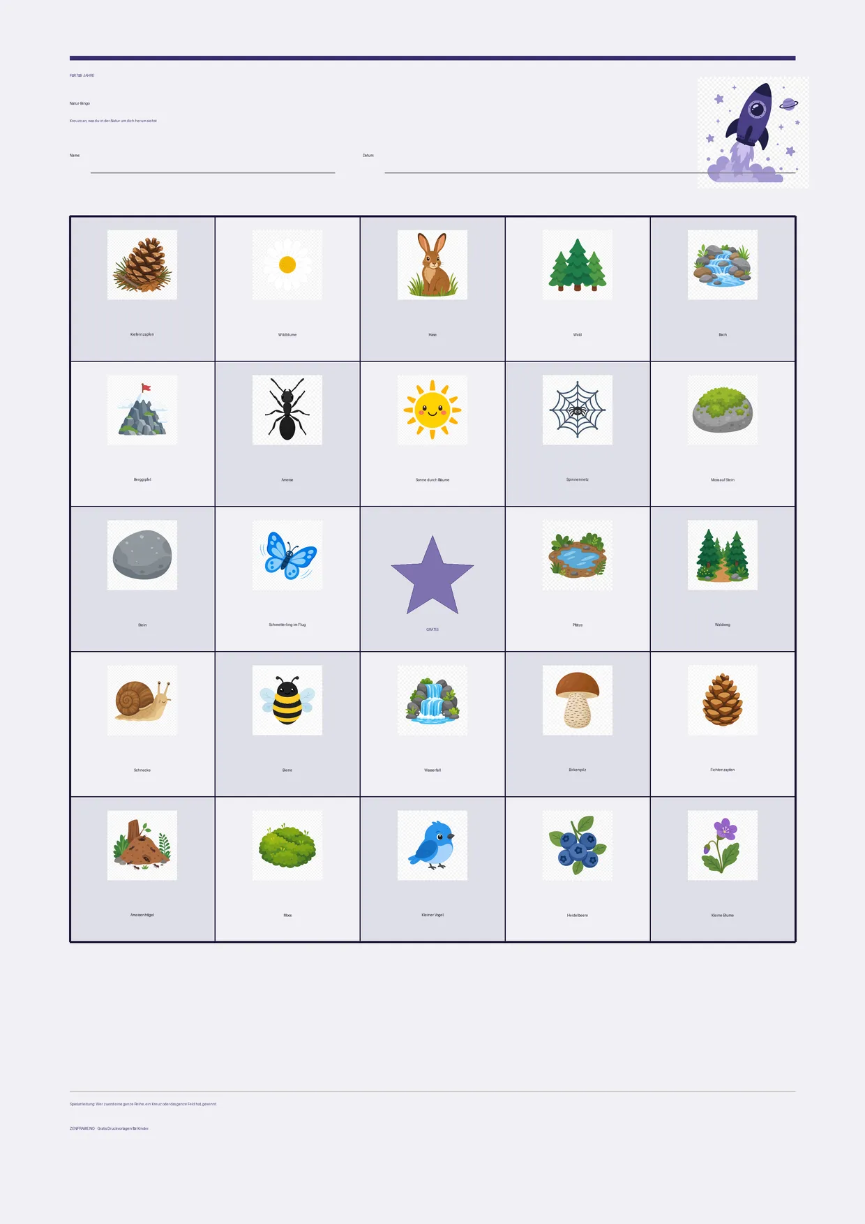 Natur-Bingo für Kinder 7–9 Jahre – Weltraum-Design – kostenlose A4-Vorlage zum Ausdrucken