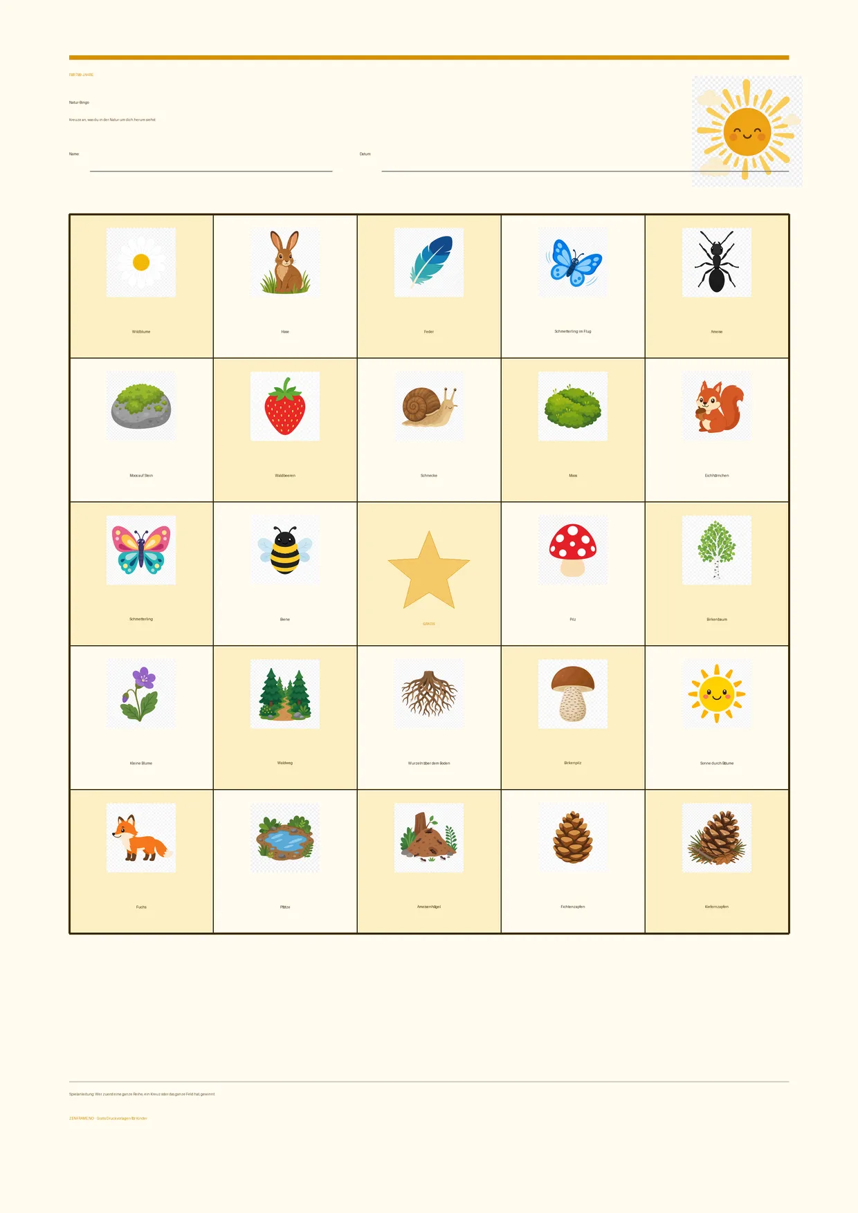 Natur-Bingo für Kinder 7–9 Jahre – Sommer-Design – kostenlose A4-Vorlage zum Ausdrucken