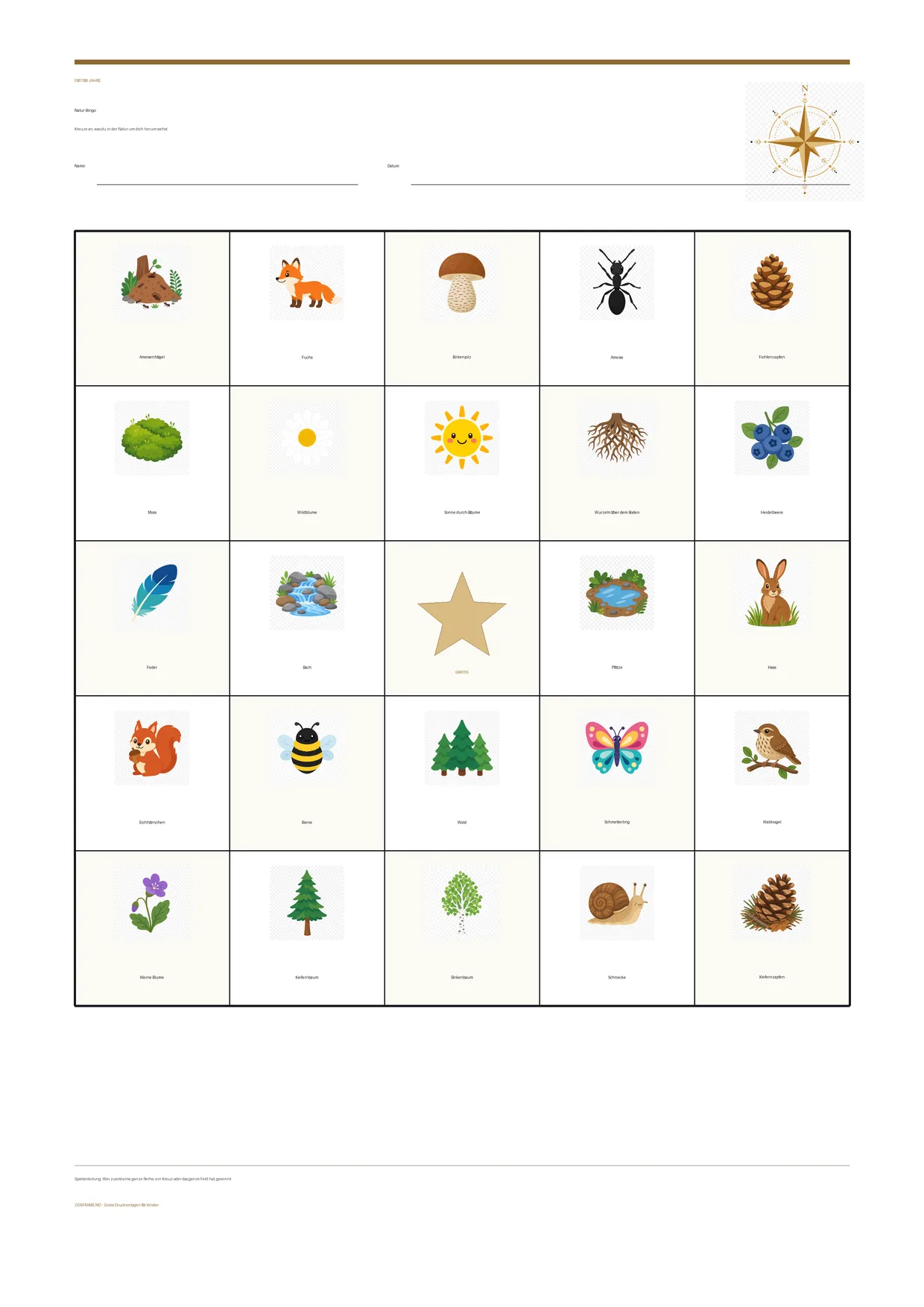 Natur-Bingo für Kinder 7–9 Jahre – kostenlose A4-Vorlage zum Ausdrucken