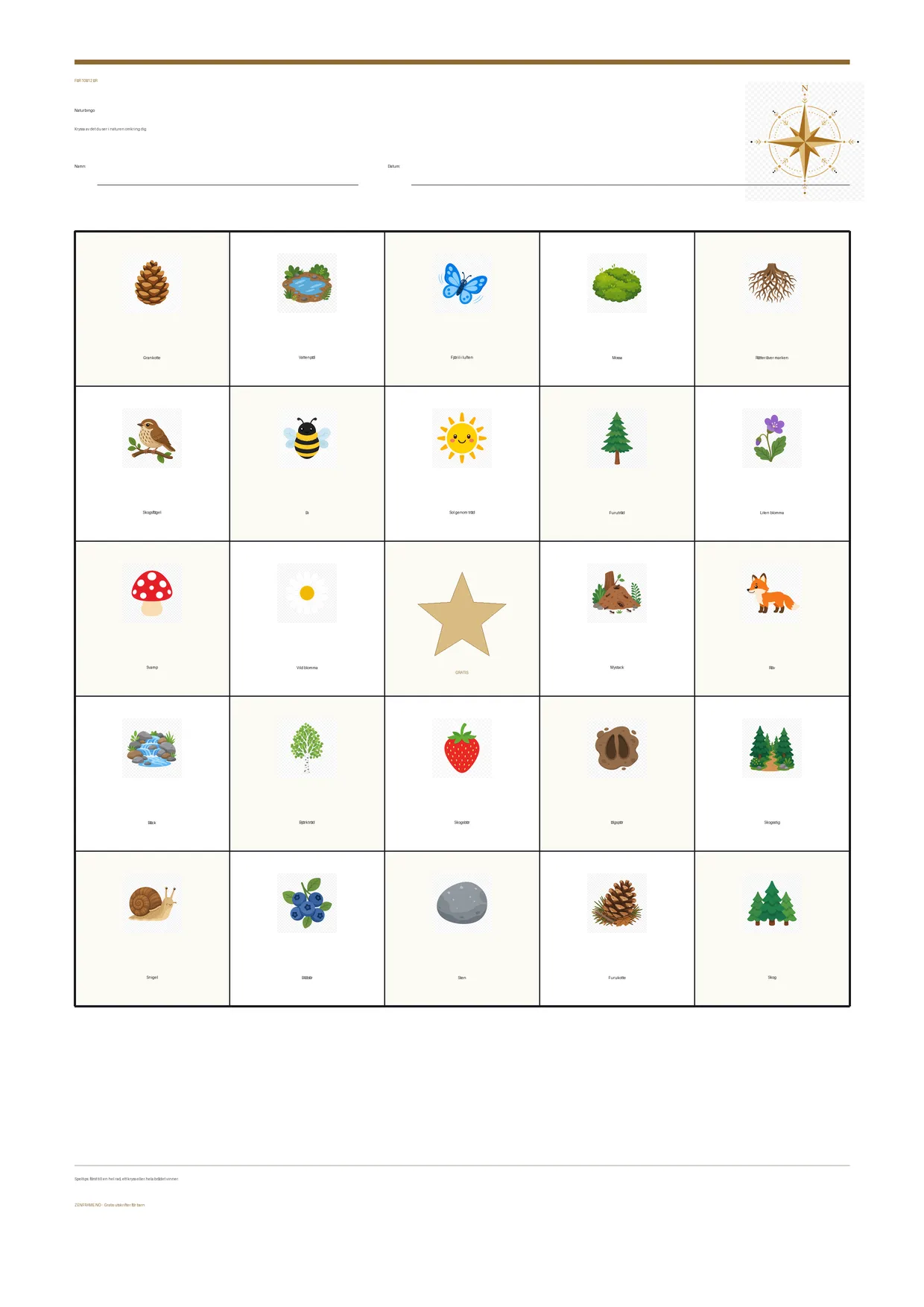Naturbingo för barn 10–12 år – gratis utskrivbart A4-bräde