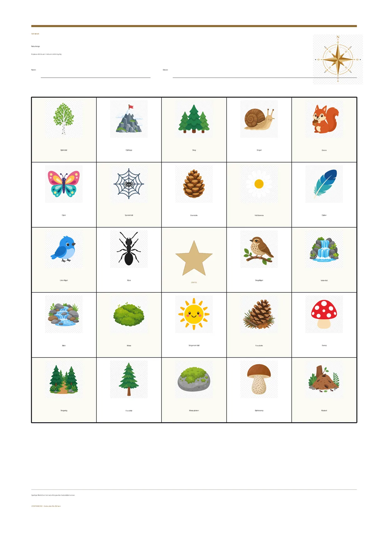 Naturbingo för barn 4–6 år – gratis utskrivbart A4-bräde