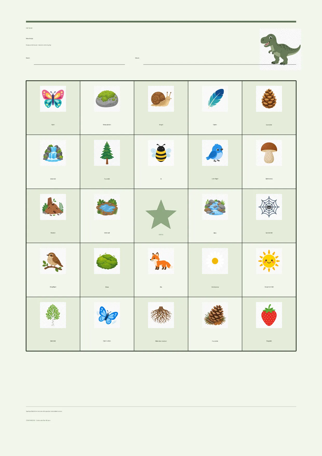 Naturbingo för barn 7–9 år – Dinosaurie-tema – gratis utskrivbart A4-bräde
