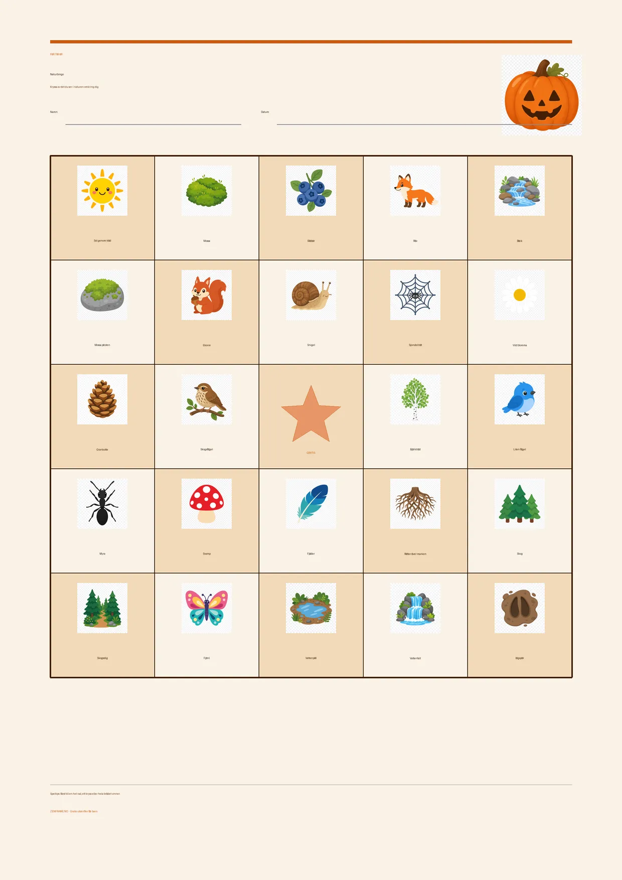 Naturbingo för barn 7–9 år – Halloween-tema – gratis utskrivbart A4-bräde