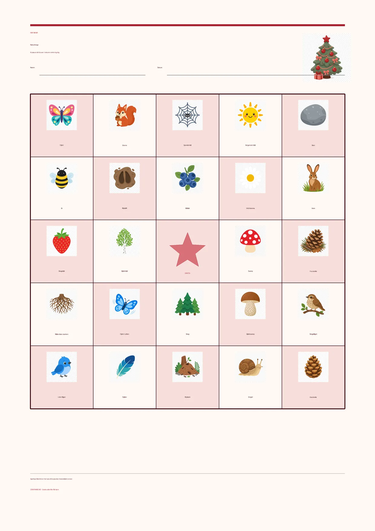 Naturbingo för barn 7–9 år – Jul-tema – gratis utskrivbart A4-bräde