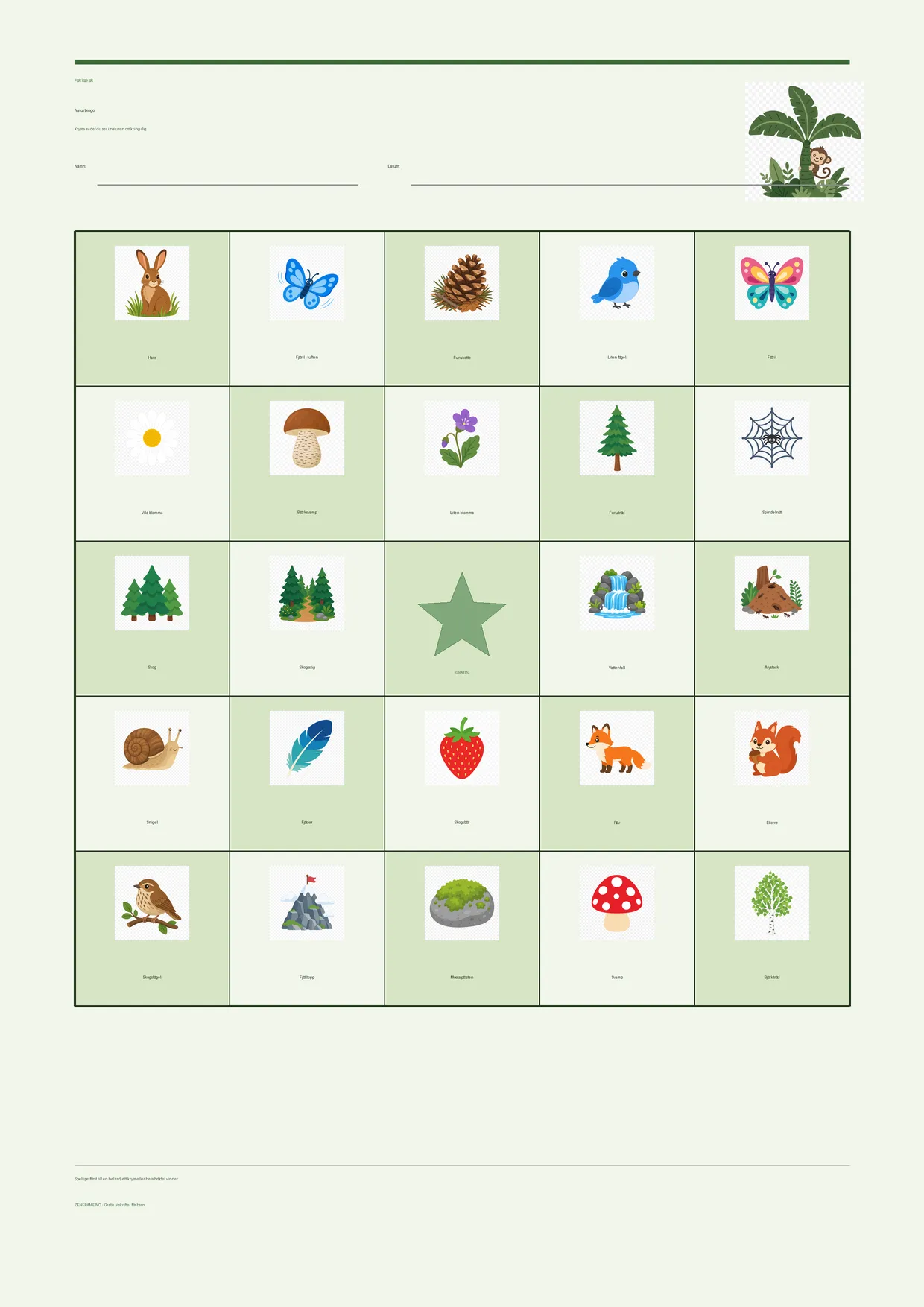 Naturbingo för barn 7–9 år – Djungel-tema – gratis utskrivbart A4-bräde