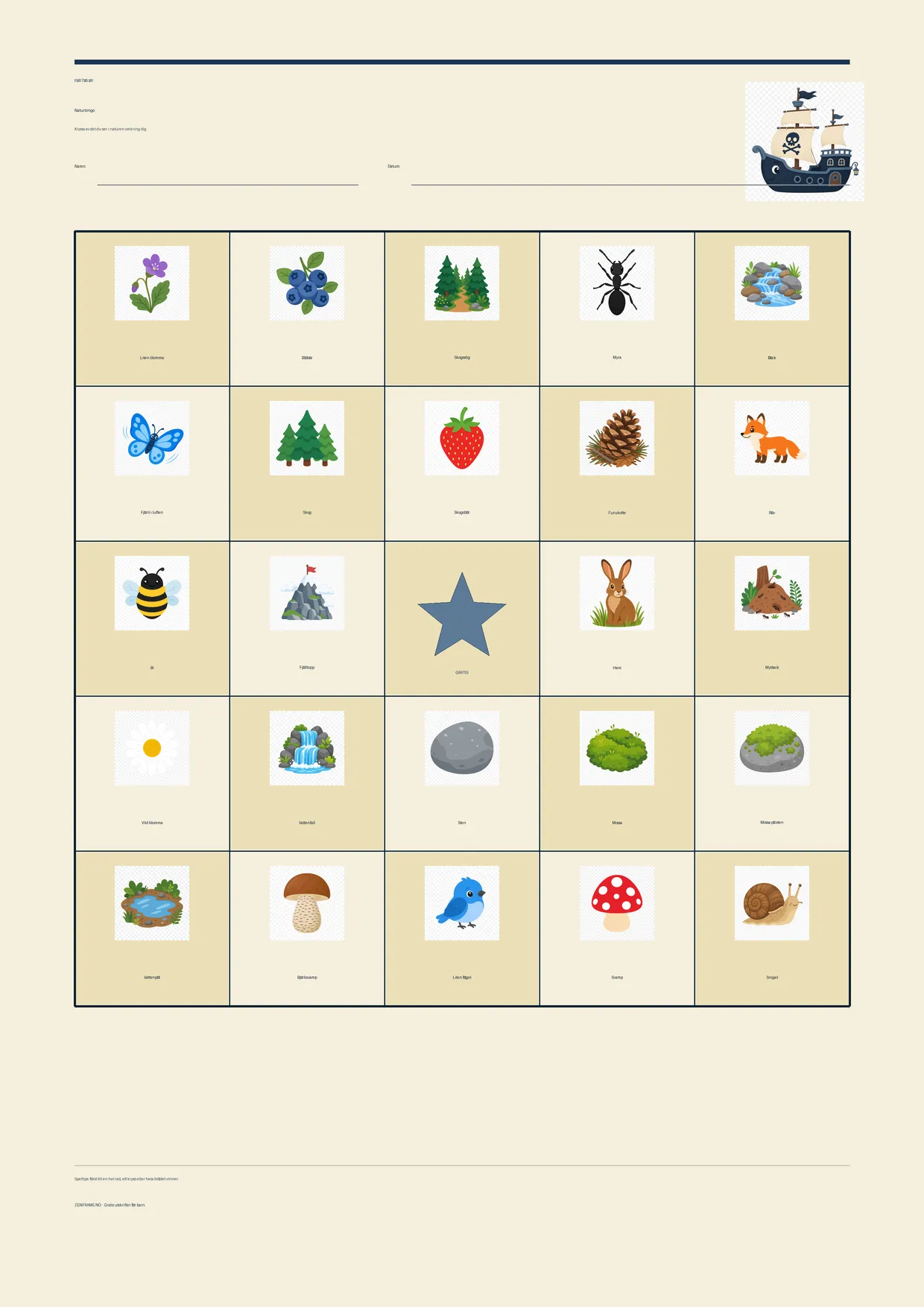 Naturbingo för barn 7–9 år – Pirat-tema – gratis utskrivbart A4-bräde