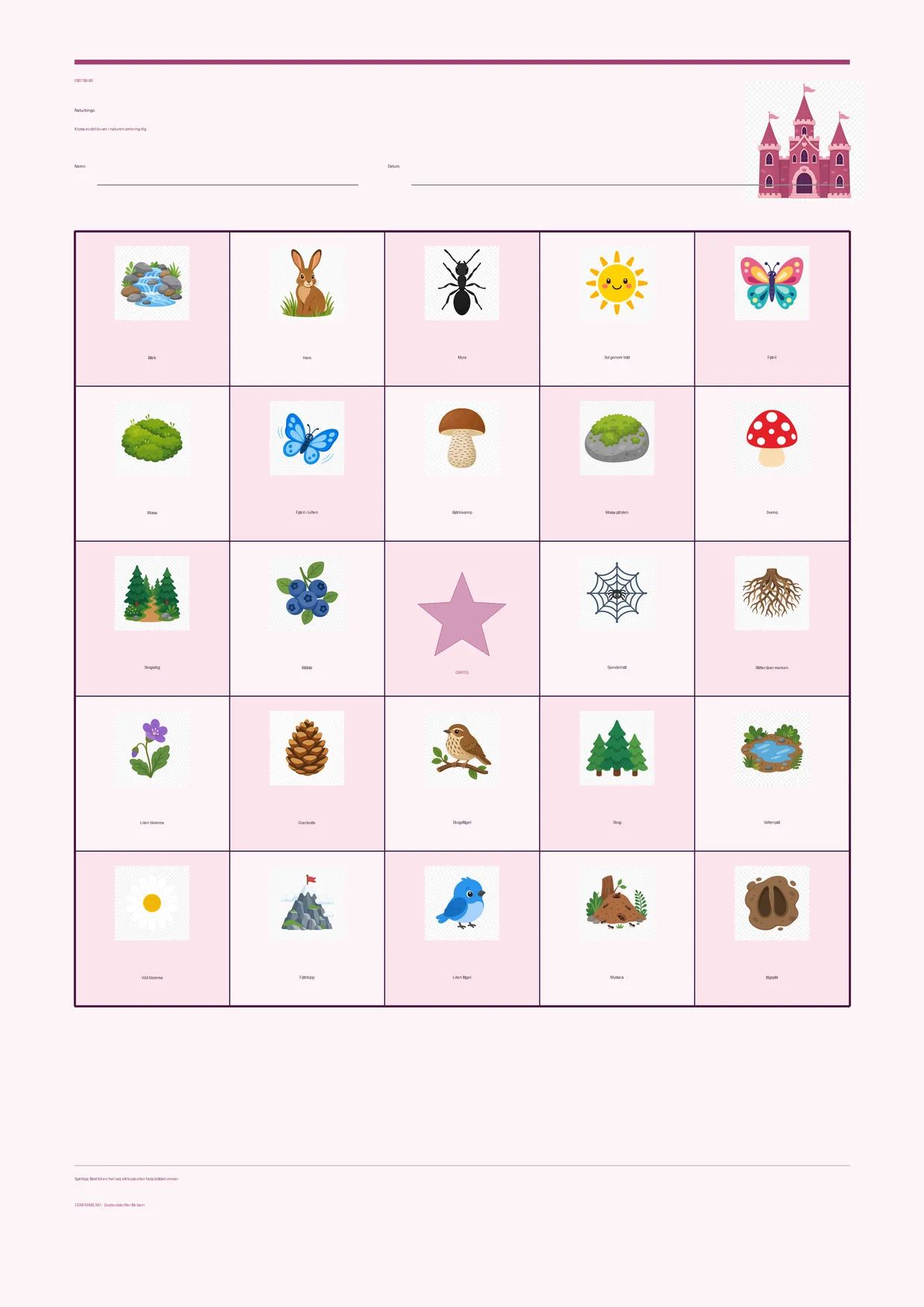 Naturbingo för barn 7–9 år – Prinsessa-tema – gratis utskrivbart A4-bräde