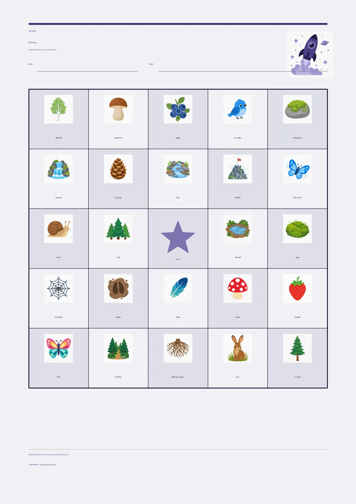 Naturbingo för barn 7–9 år – Rymden-tema – gratis utskrivbart A4-bräde