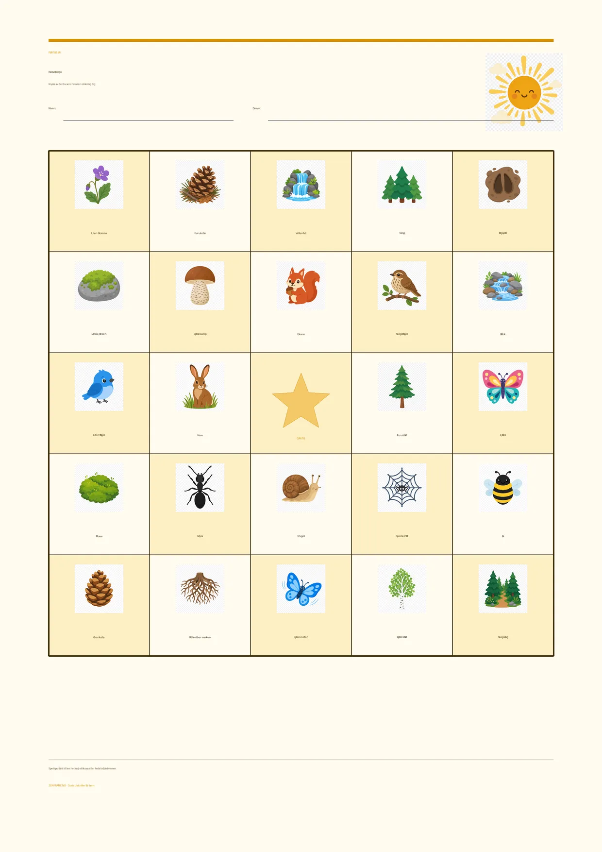 Naturbingo för barn 7–9 år – Sommar-tema – gratis utskrivbart A4-bräde