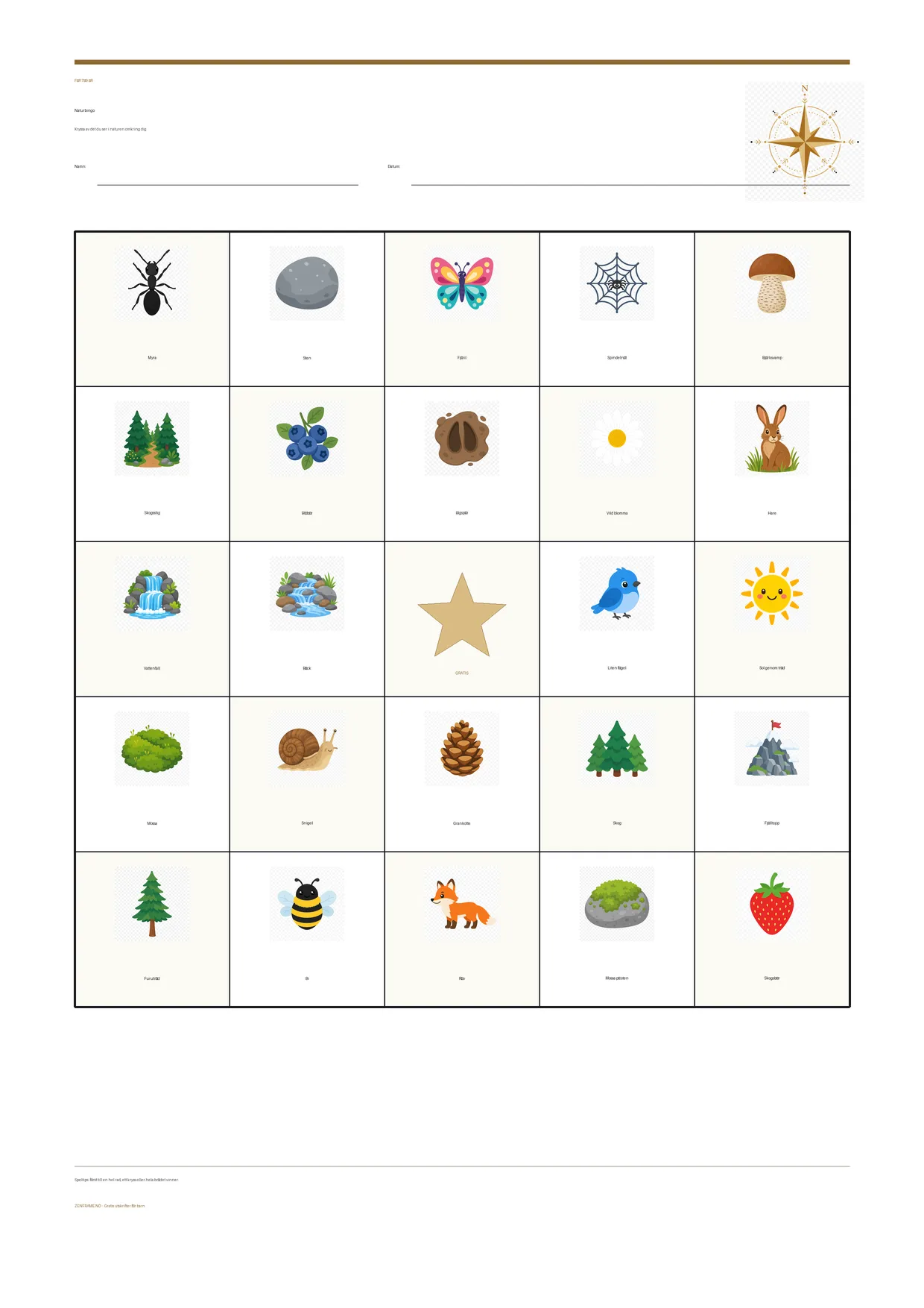 Naturbingo för barn 7–9 år – gratis utskrivbart A4-bräde
