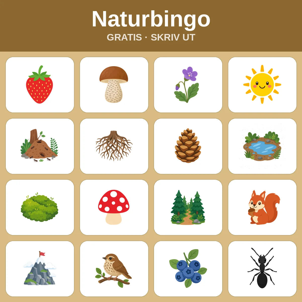 Naturbingo – gratis bingo til utskrift for barn
