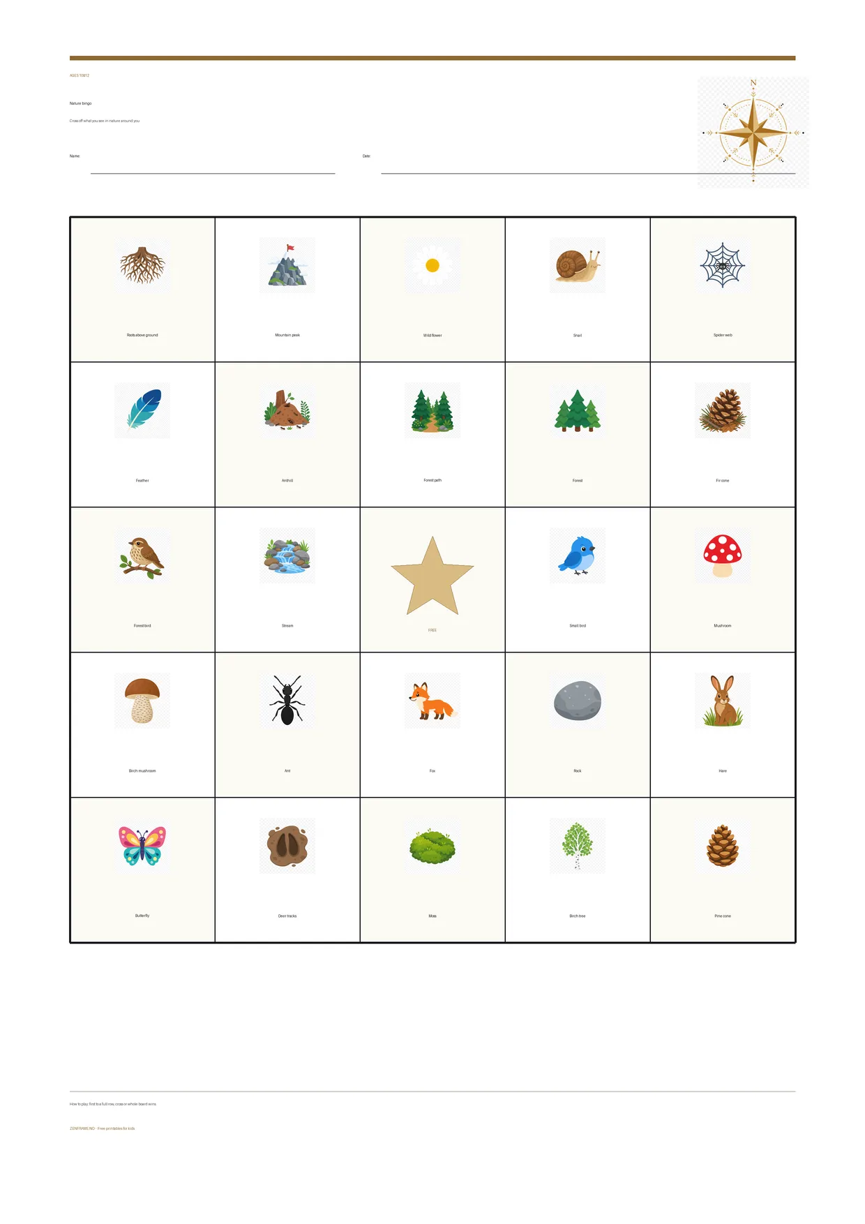 Nature bingo for kids ages 10–12 – free printable A4 board