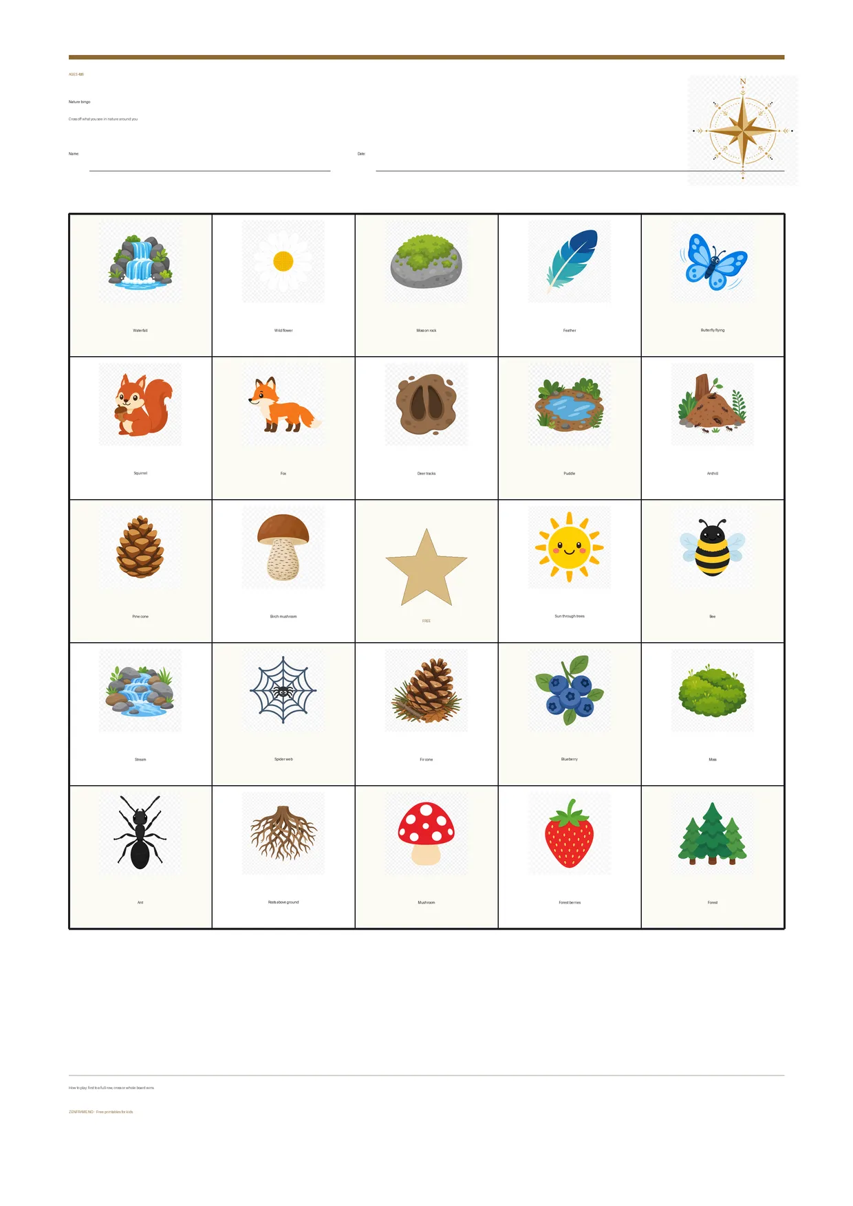 Nature bingo for kids ages 4–6 – free printable A4 board