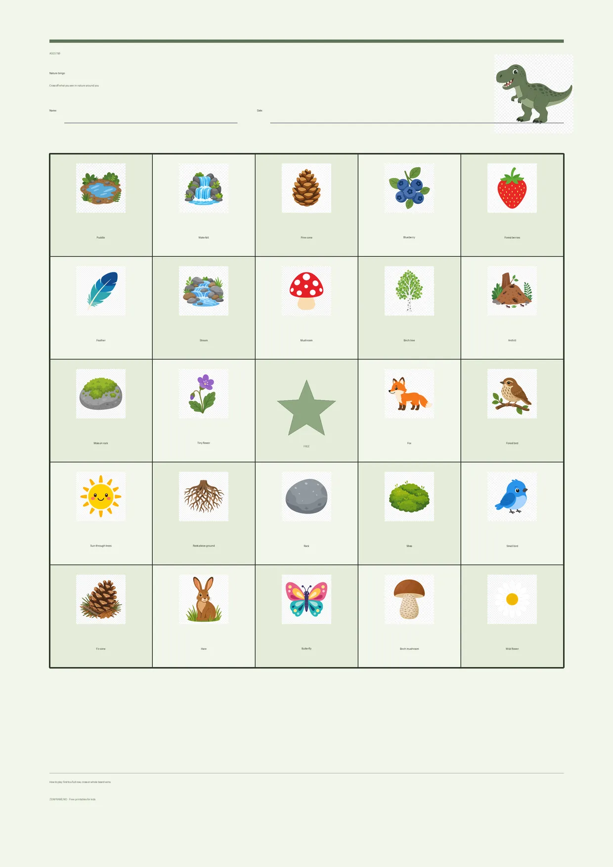 Nature bingo for kids ages 7–9 – Dinosaur theme – free printable A4 board