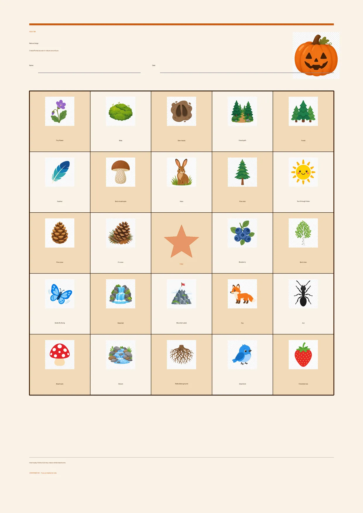 Nature bingo for kids ages 7–9 – Halloween theme – free printable A4 board