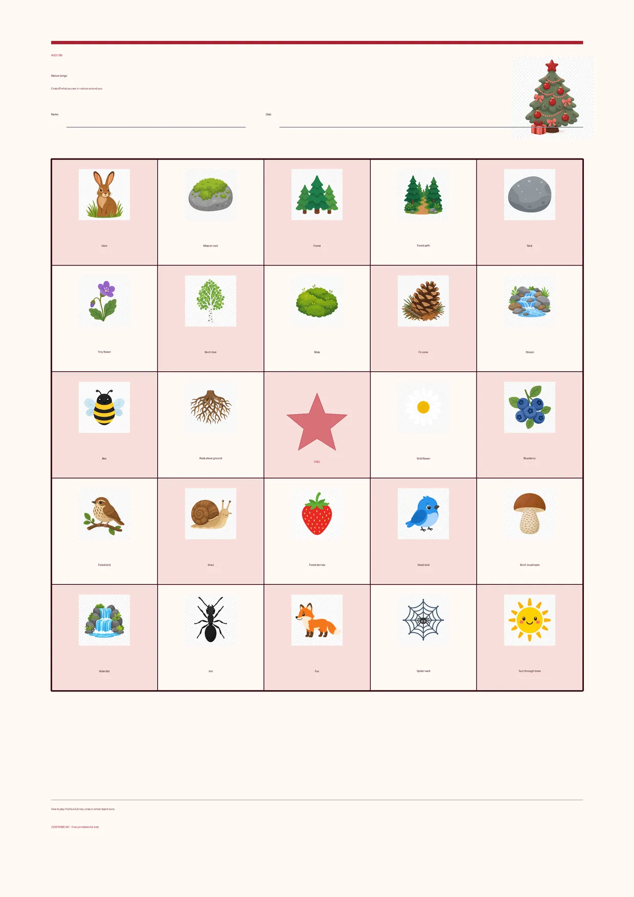 Nature bingo for kids ages 7–9 – Christmas theme – free printable A4 board