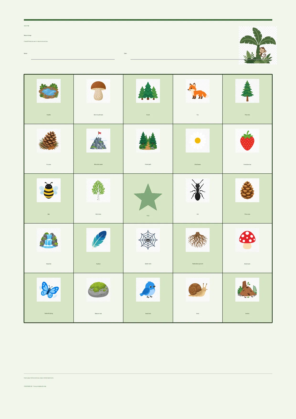 Nature bingo for kids ages 7–9 – Jungle theme – free printable A4 board