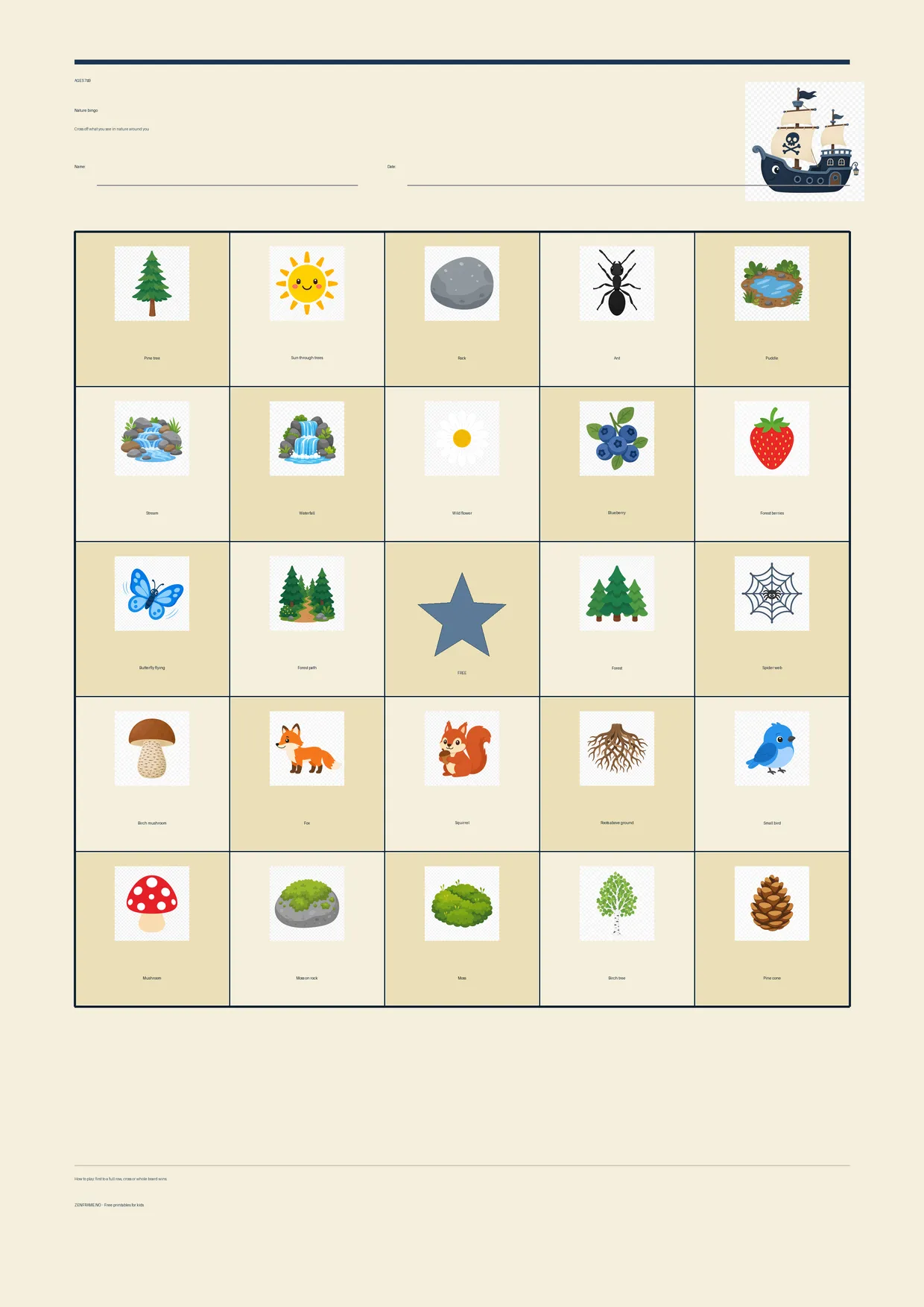 Nature bingo for kids ages 7–9 – Pirate theme – free printable A4 board