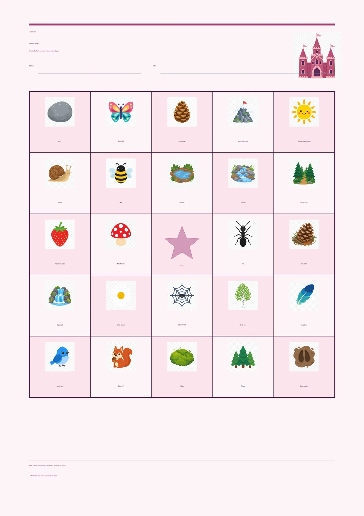 Nature bingo for kids ages 7–9 – Princess theme – free printable A4 board