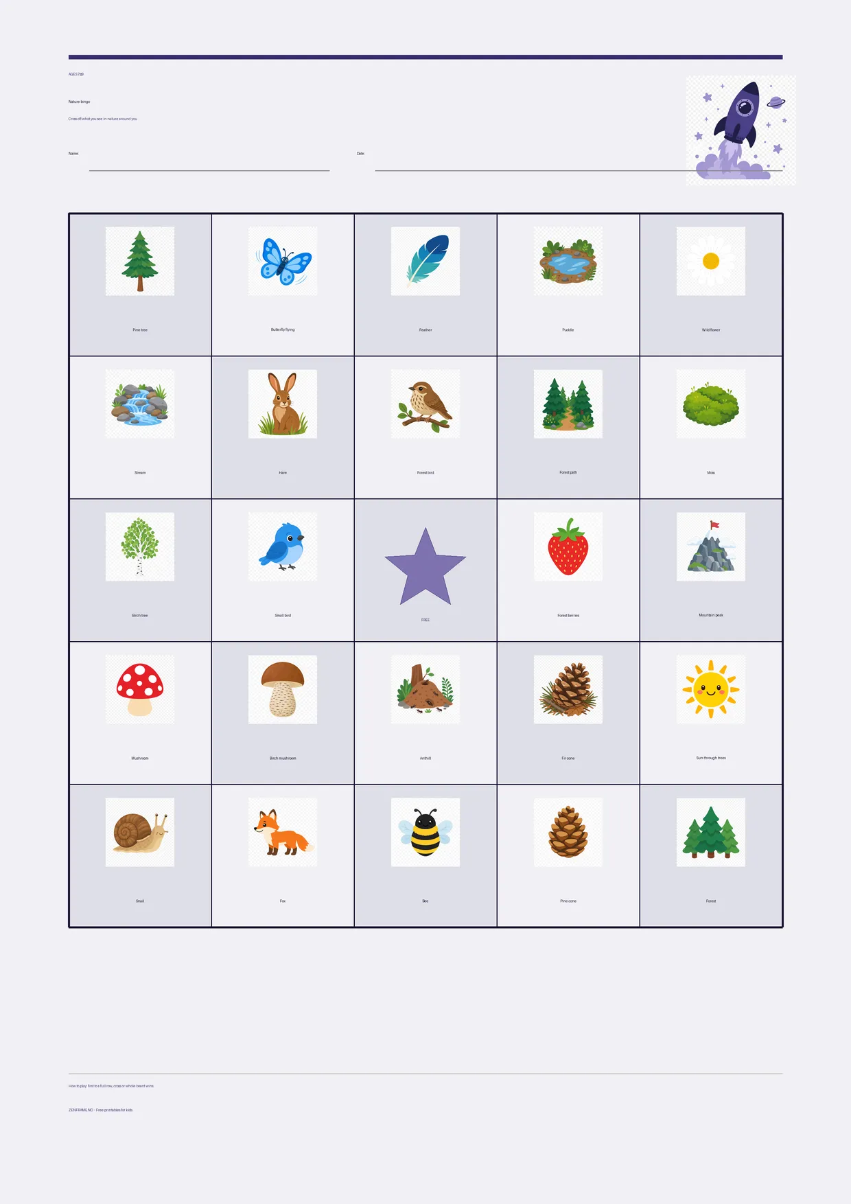 Nature bingo for kids ages 7–9 – Space theme – free printable A4 board