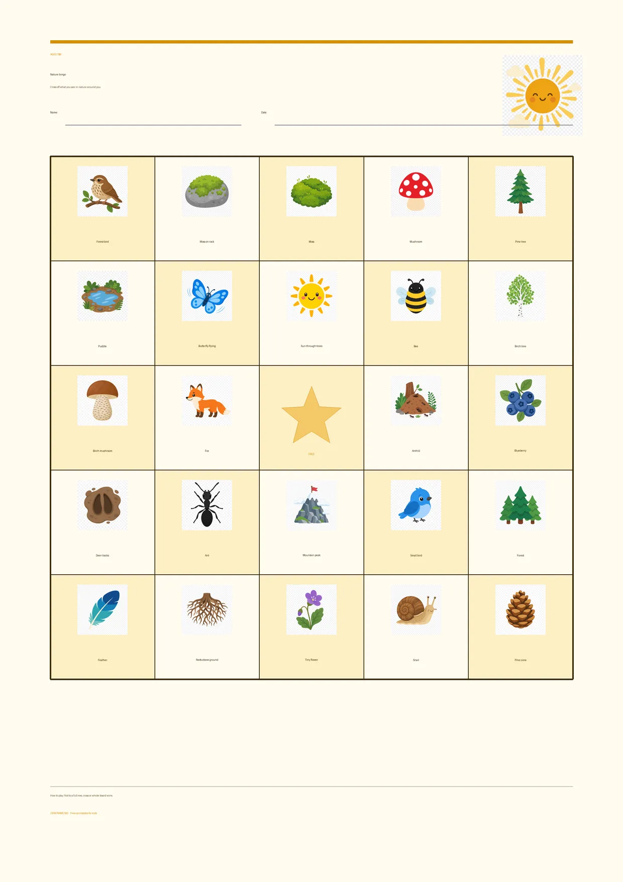 Nature bingo for kids ages 7–9 – Summer theme – free printable A4 board
