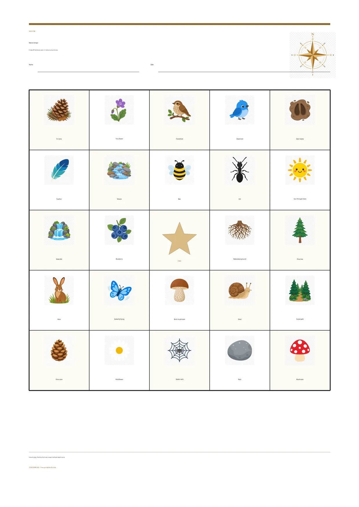 Nature bingo for kids ages 7–9 – free printable A4 board