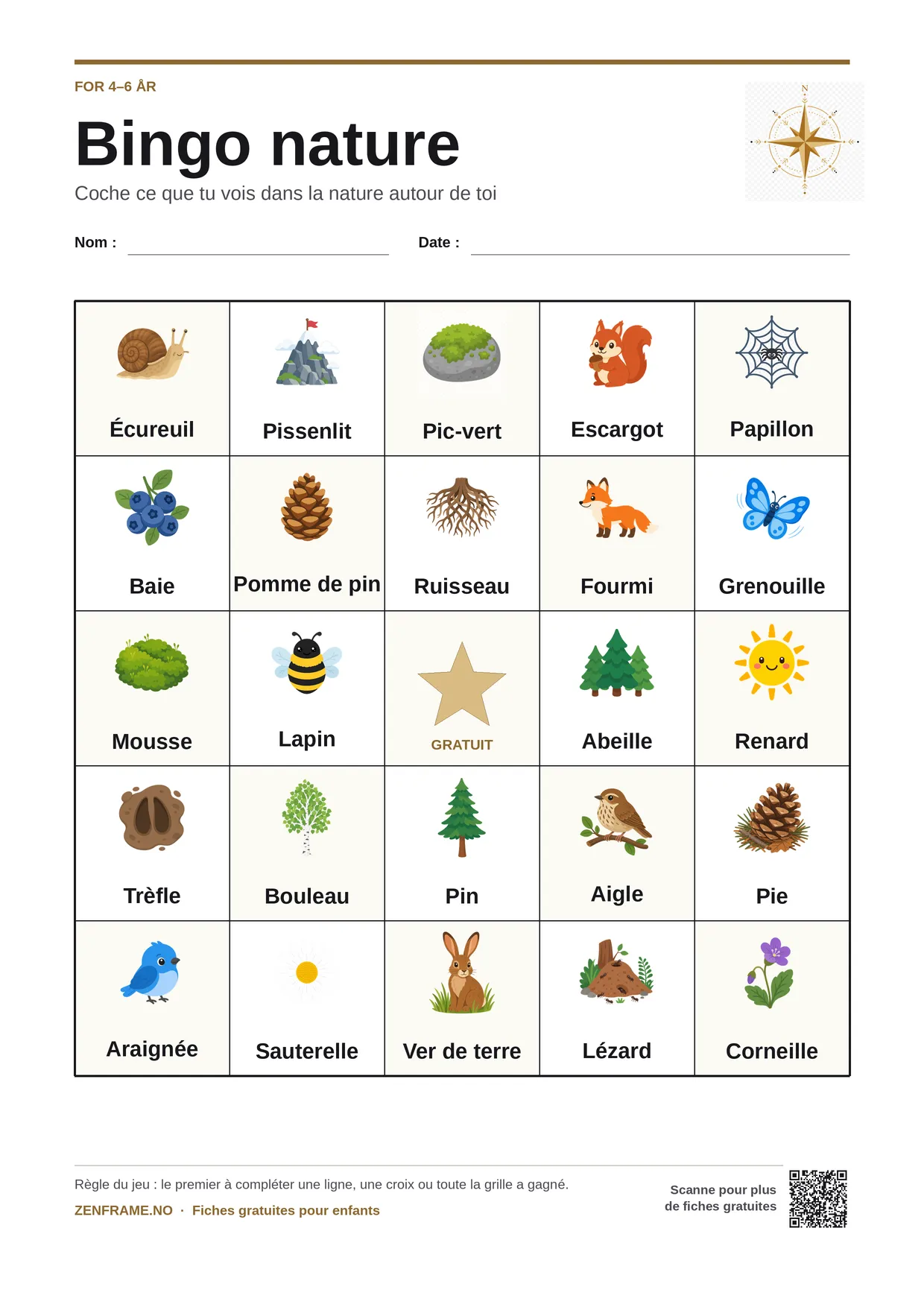 Bingo nature pour enfants 4–6 ans – planche A4 gratuite à imprimer