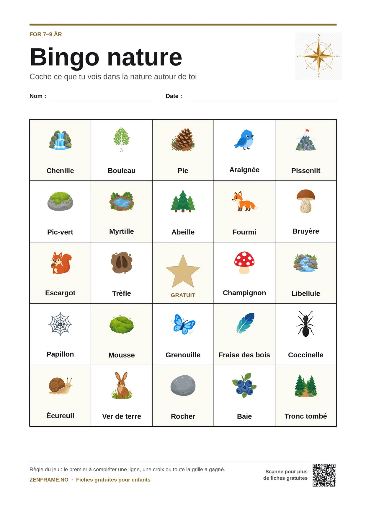 Bingo nature pour enfants 7–9 ans – planche A4 gratuite à imprimer