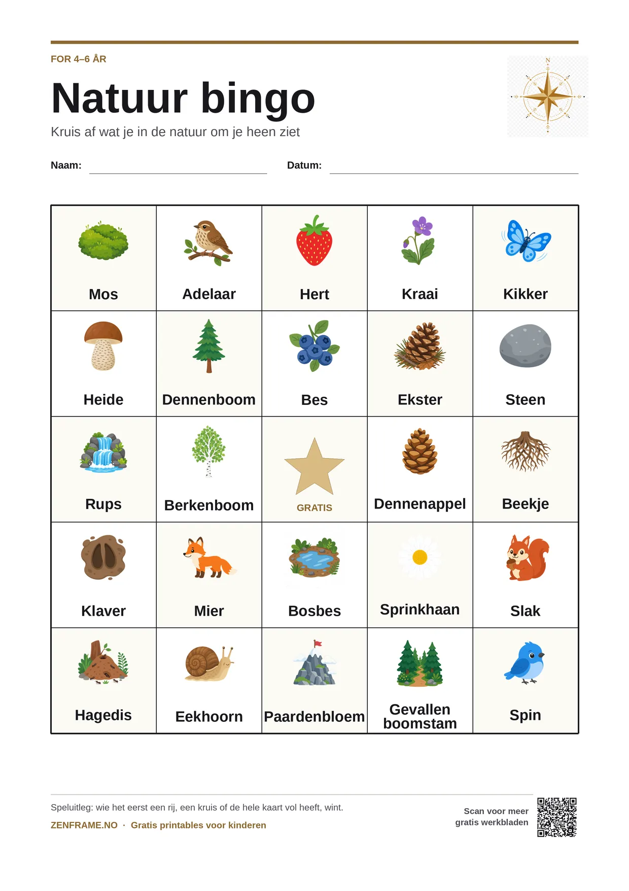 Natuur bingo voor kinderen 4–6 jaar – gratis printbare A4-kaart