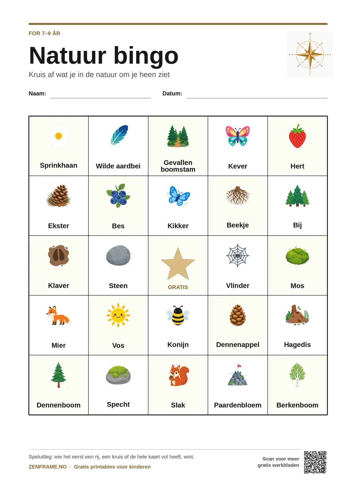 Natuur bingo voor kinderen 7–9 jaar – gratis printbare A4-kaart