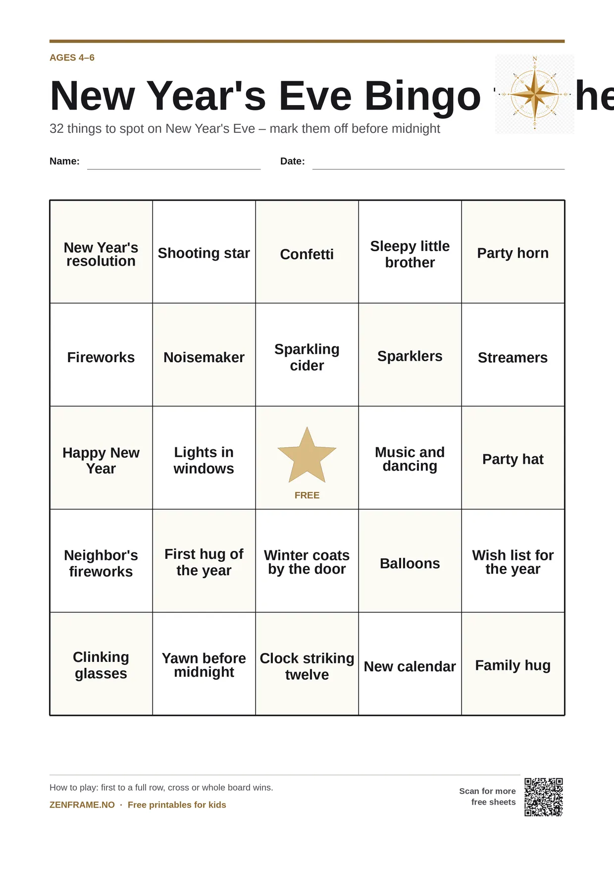 New Year's Eve Bingo for the Family for kids ages 4–6 – free printable A4 board