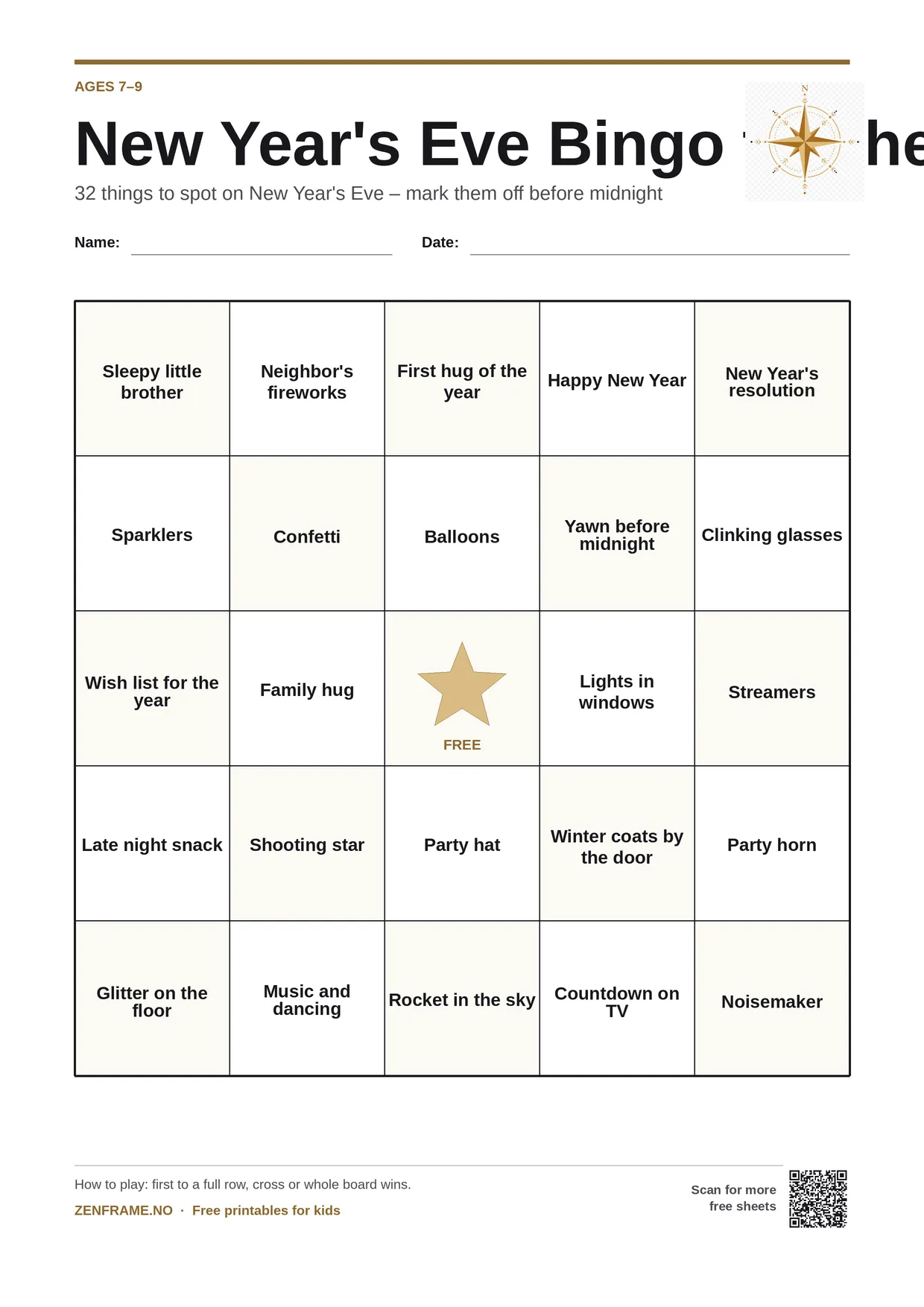 New Year's Eve Bingo for the Family for kids ages 7–9 – free printable A4 board