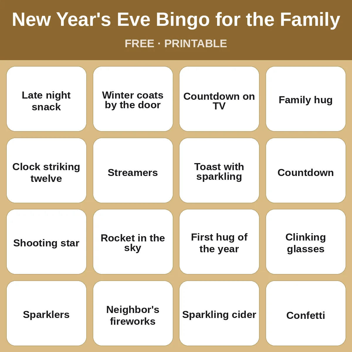 New Year's Eve Bingo for the Family – free printable bingo for kids