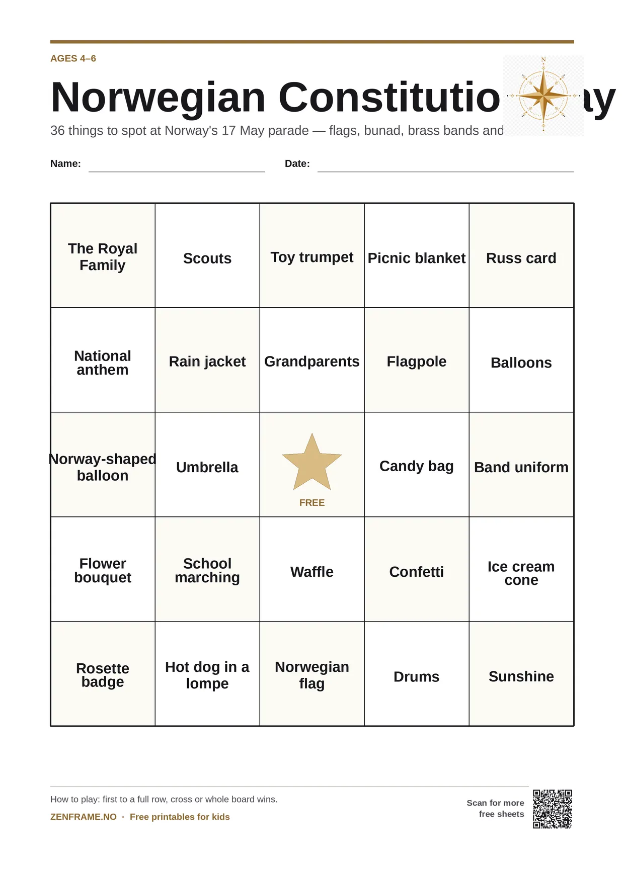 Norwegian Constitution Day Bingo for kids ages 4–6 – free printable A4 board