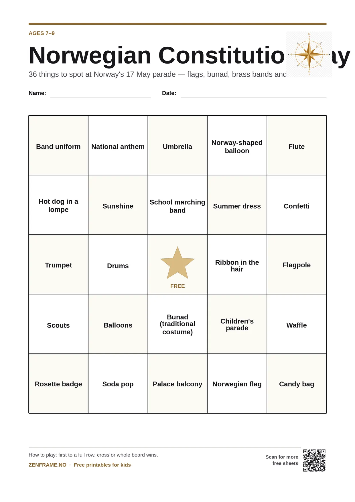 Norwegian Constitution Day Bingo for kids ages 7–9 – free printable A4 board