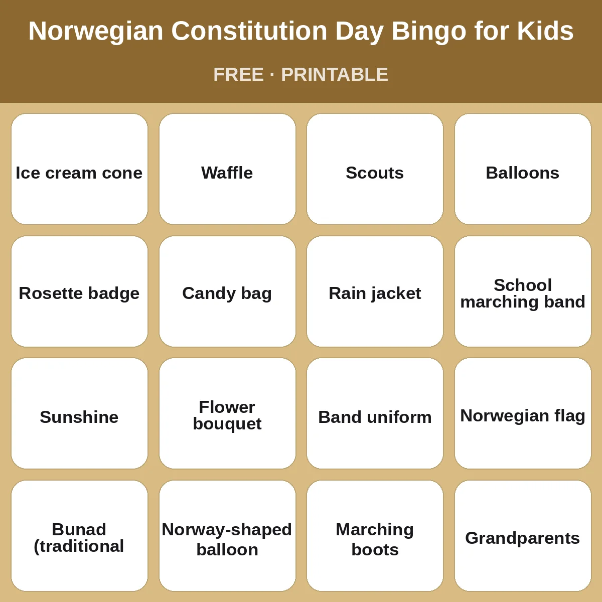 Norwegian Constitution Day Bingo for Kids – free printable bingo for kids