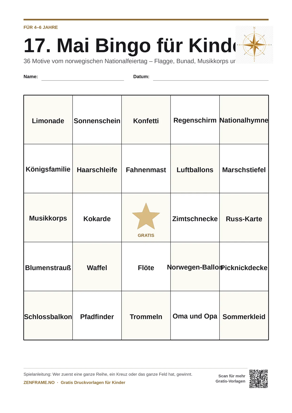 17. Mai Bingo für Kinder 4–6 Jahre – kostenlose A4-Vorlage zum Ausdrucken