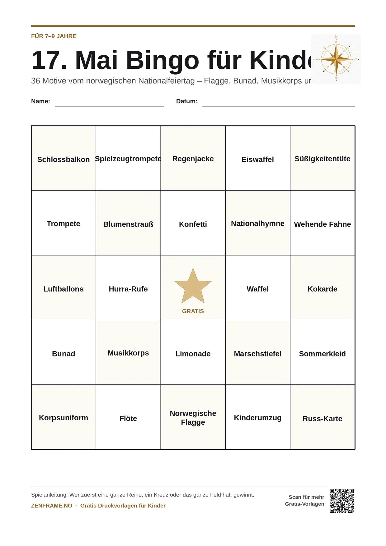 17. Mai Bingo für Kinder 7–9 Jahre – kostenlose A4-Vorlage zum Ausdrucken