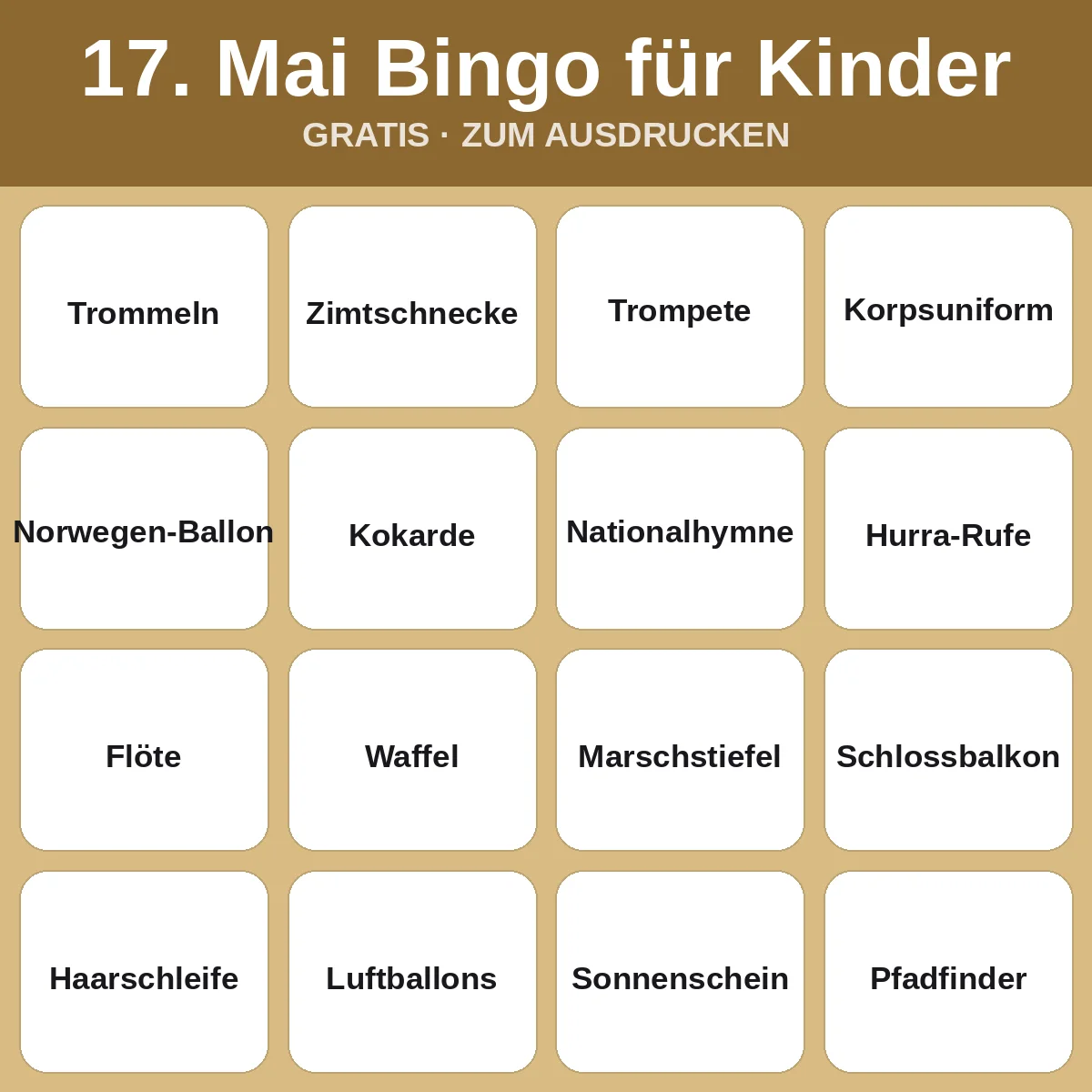 17. Mai Bingo für Kinder – kostenloses Bingo zum Ausdrucken für Kinder