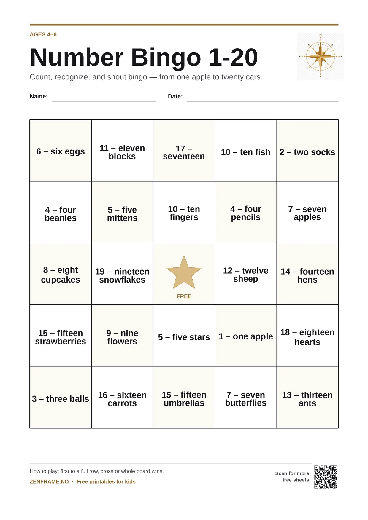 Number Bingo 1-20 for kids ages 4–6 – free printable A4 board