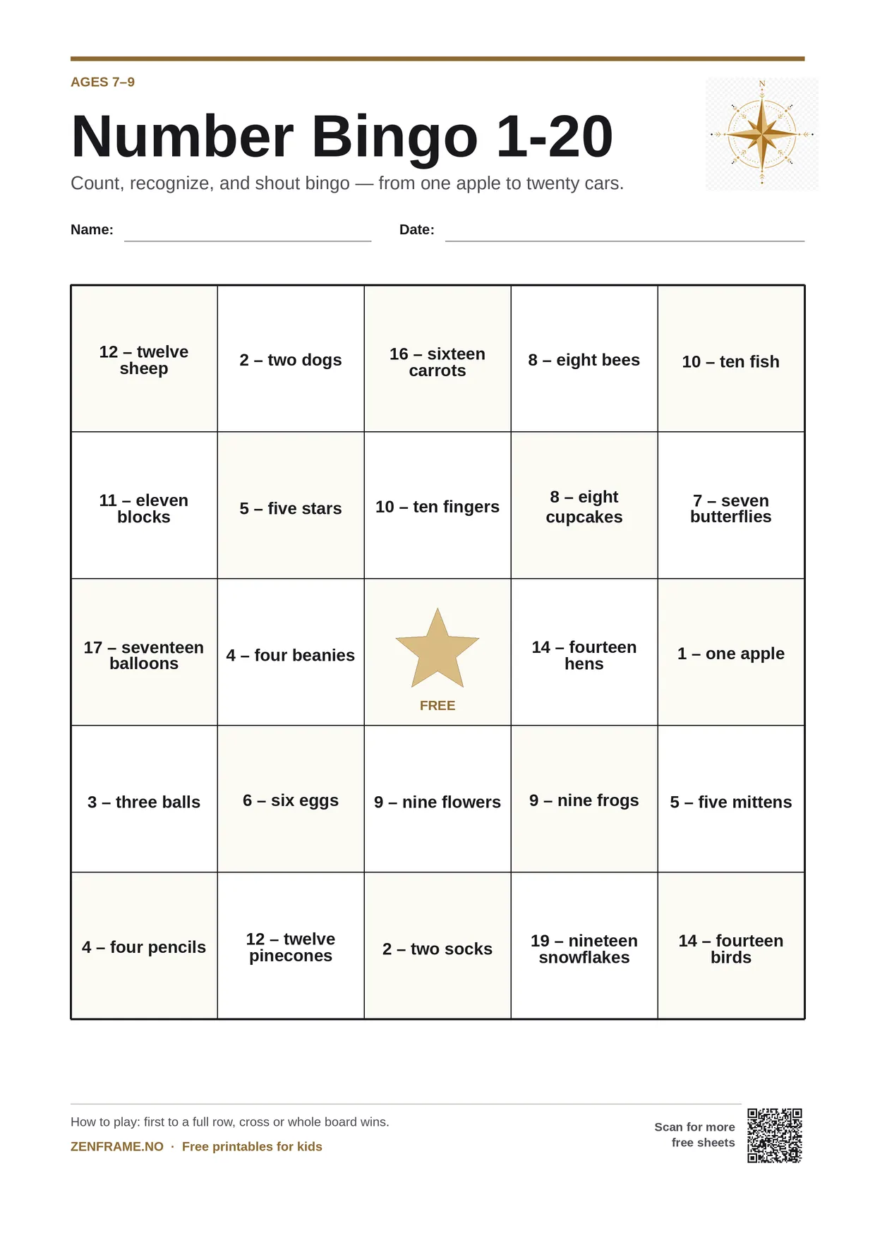 Number Bingo 1-20 for kids ages 7–9 – free printable A4 board