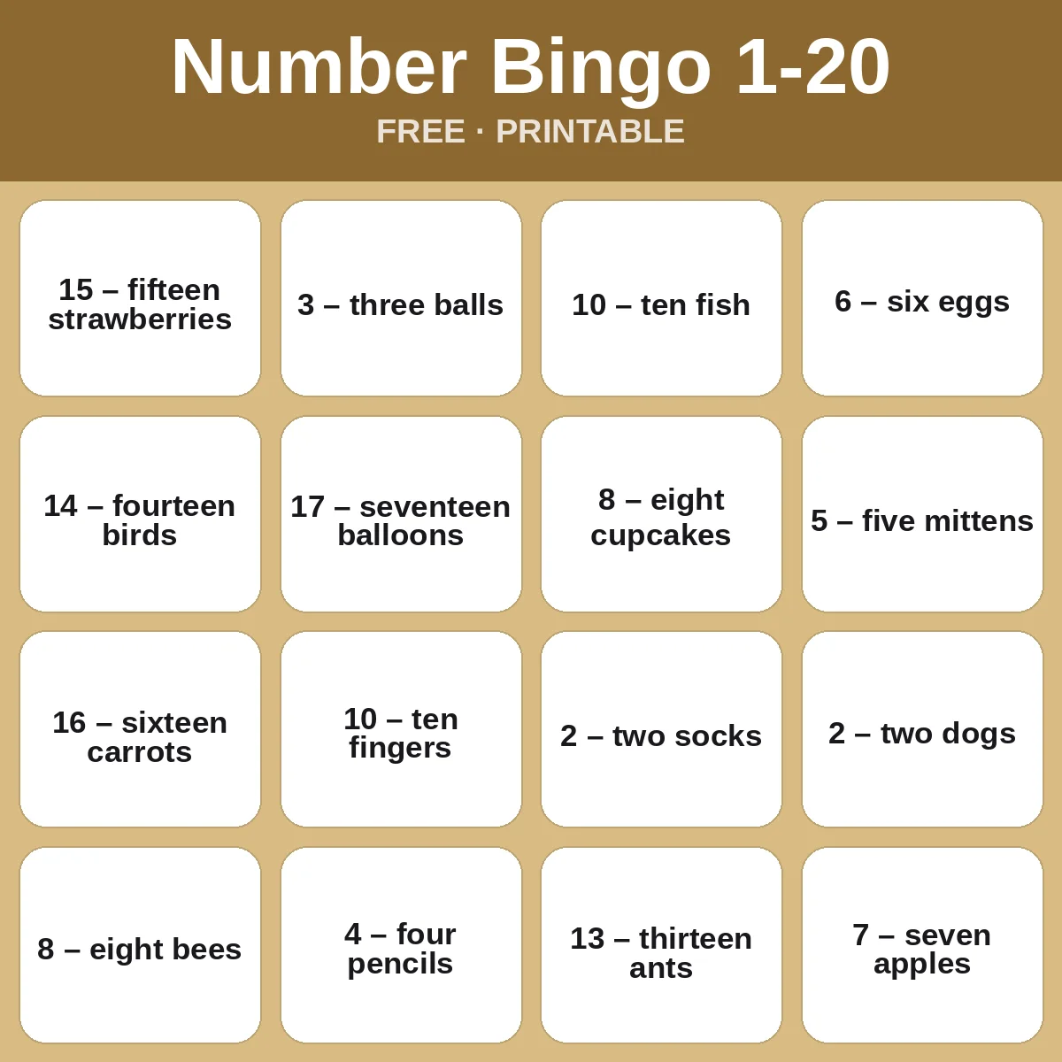 Number Bingo 1-20 – free printable bingo for kids