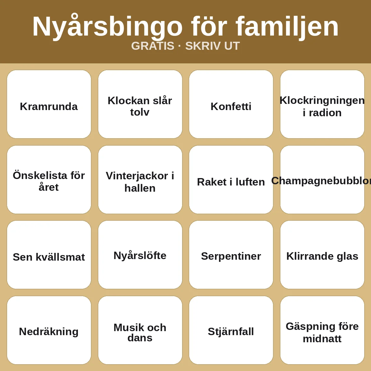 Nyårsbingo för familjen – gratis bingo att skriva ut för barn