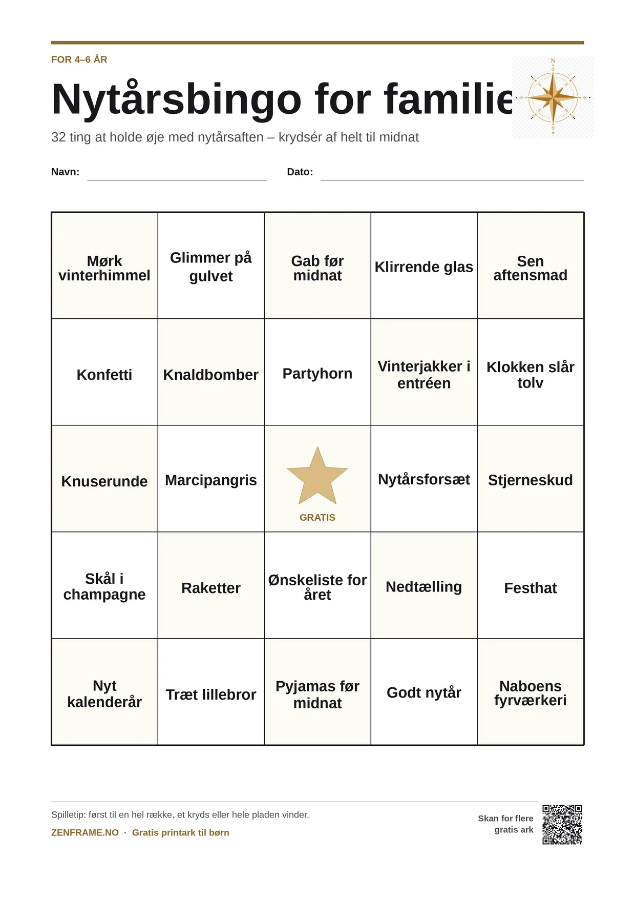 Nytårsbingo for familien for børn 4–6 år – gratis printbar A4-plade