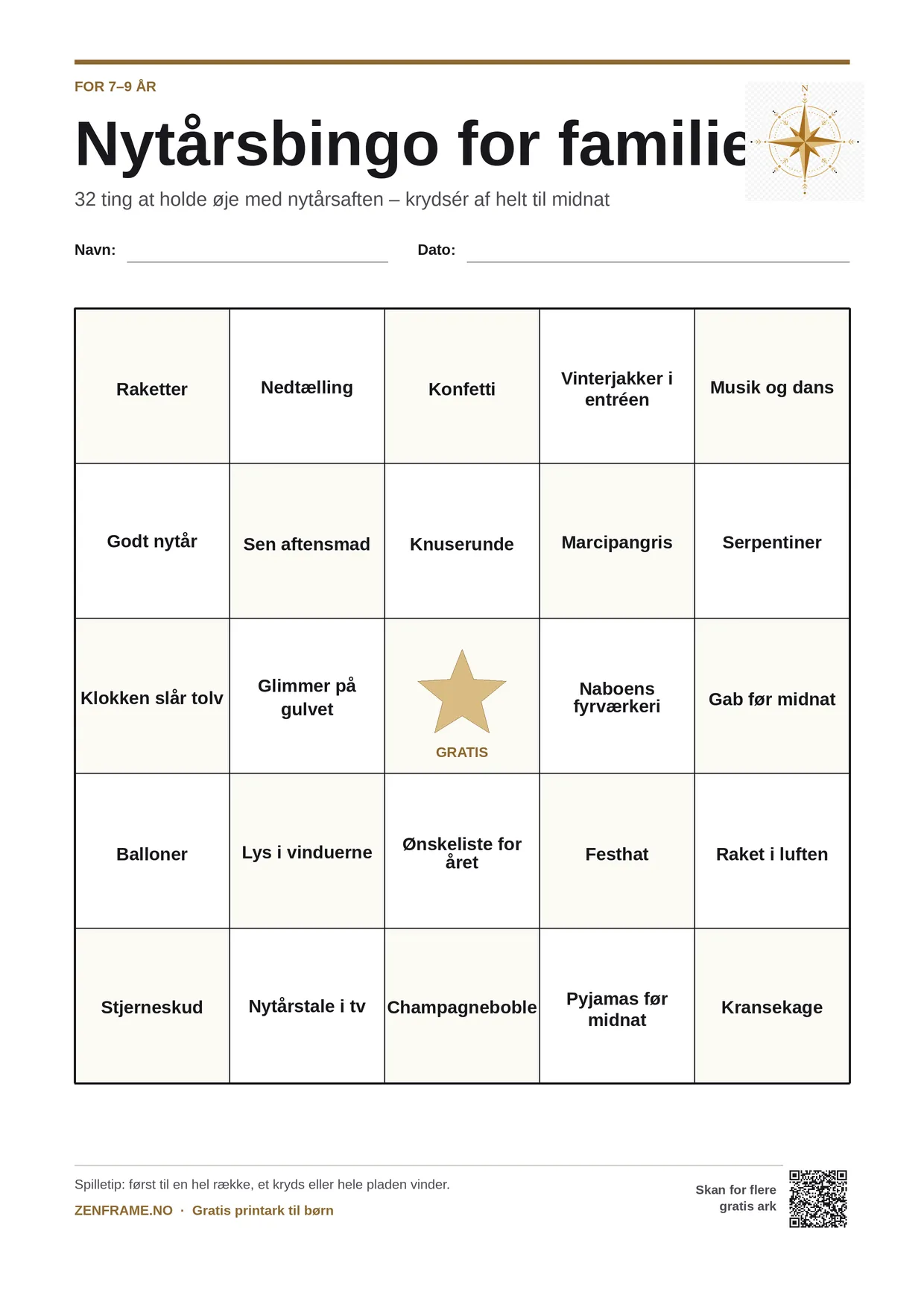 Nytårsbingo for familien for børn 7–9 år – gratis printbar A4-plade