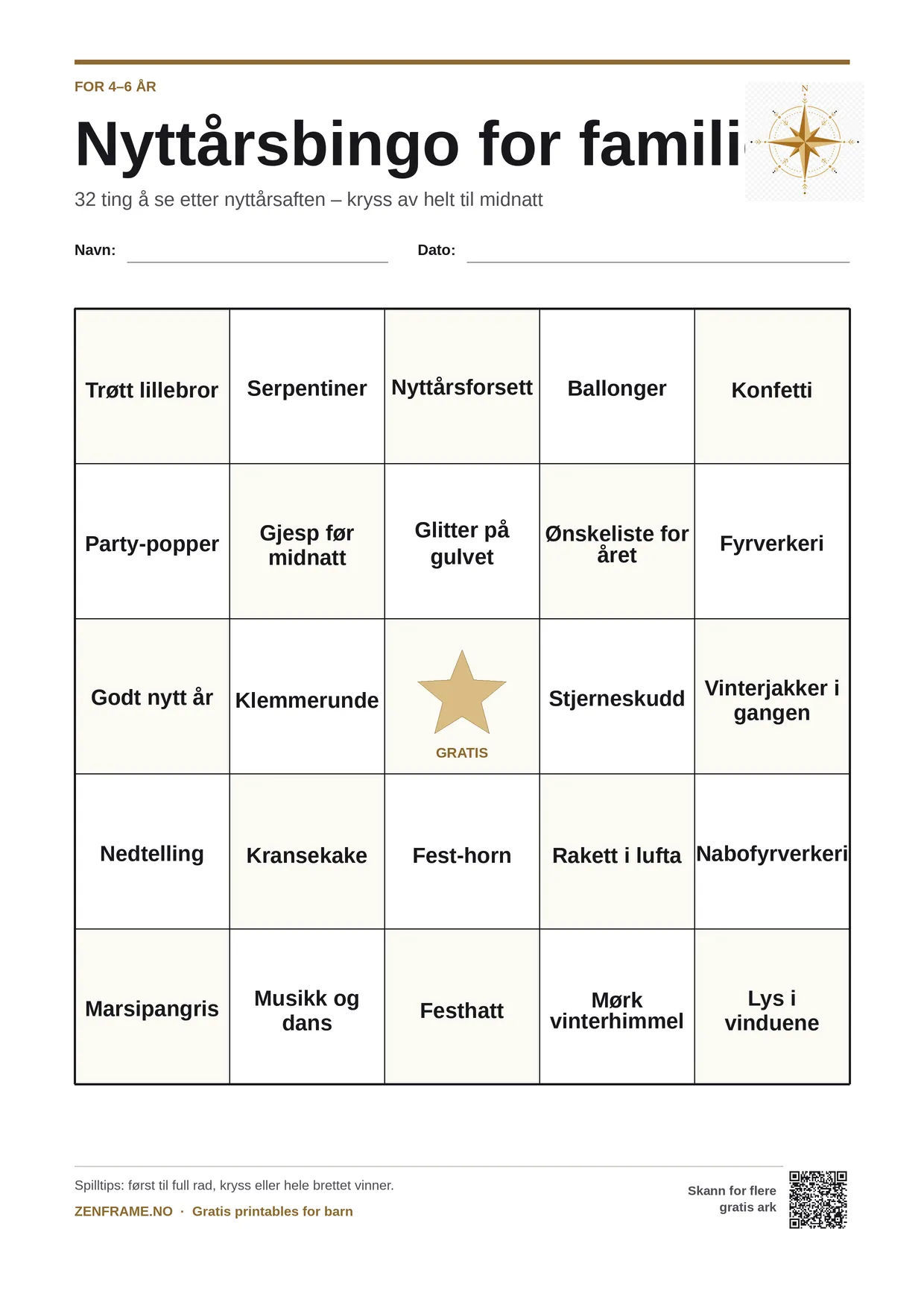 Nyttårsbingo for familien for barn 4–6 år – gratis utskrivbart A4-brett