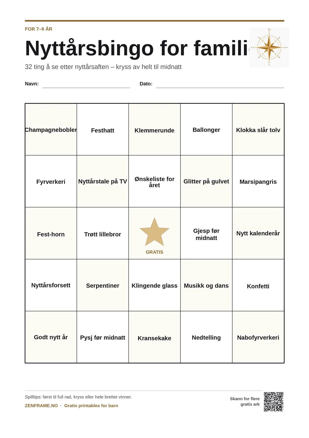 Nyttårsbingo for familien for barn 7–9 år – gratis utskrivbart A4-brett