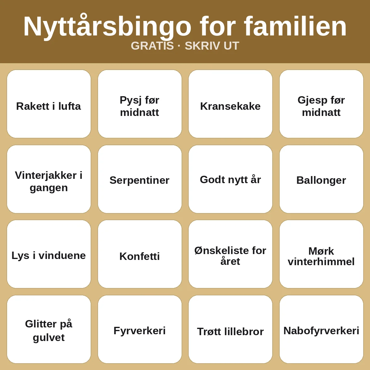 Nyttårsbingo for familien – gratis bingo til utskrift for barn