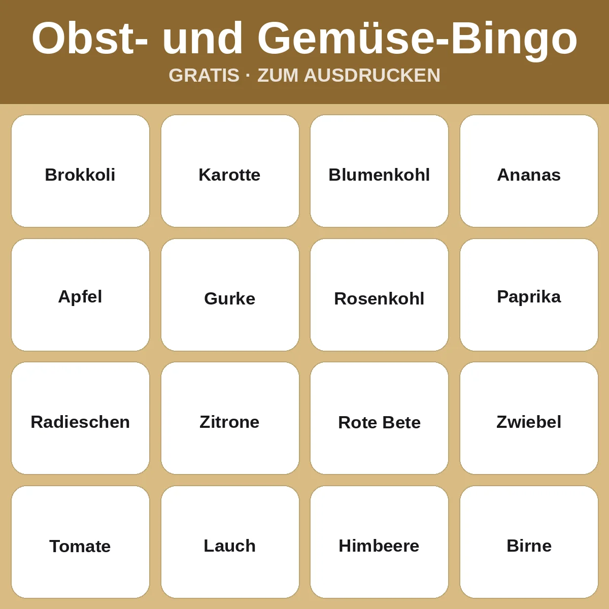 Obst- und Gemüse-Bingo – kostenloses Bingo zum Ausdrucken für Kinder